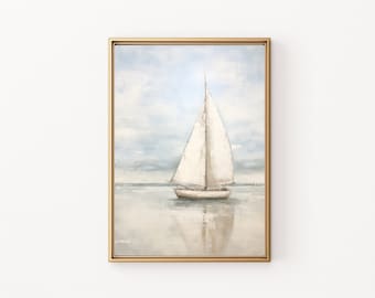 Antique White Sailboat - Vintage Oil Painting Wall Art - Digital Print