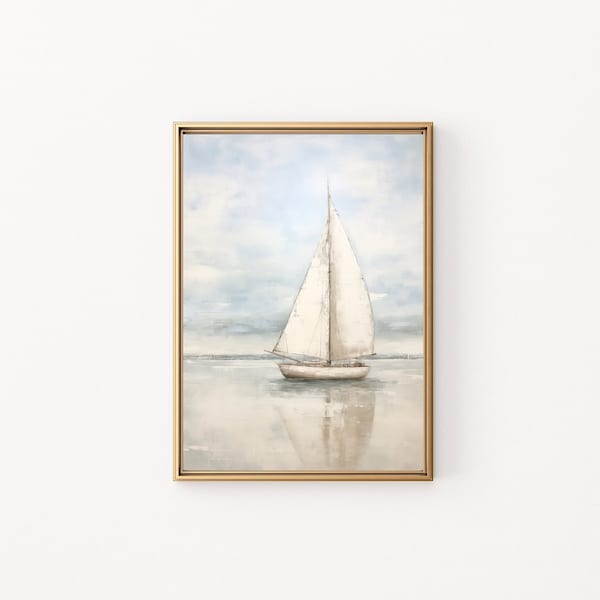 Antique White Sailboat - Vintage Oil Painting Wall Art - Digital Print