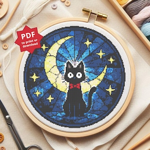 Jiji Starry Night Cross Stitch Pattern, Kiki Delivery Service Embroidery, level Experimented (PDF Download)