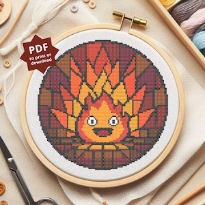 Ghibli’s Calcifer Fire Cathedral Panel Cross Stitch Pattern (Instant PDF Download)