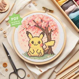 Motif point de croix Pikachu sous les fleurs de Sakura, motif de broderie bricolage, téléchargement immédiat au point de croix, motif point de croix