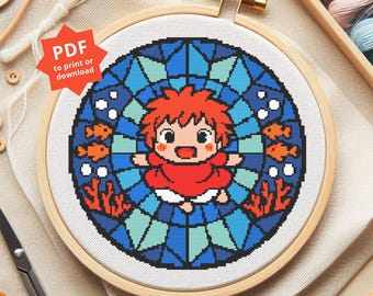 ポニョのステンドグラス クロスステッチパターン、中級難易度の刺繍