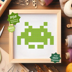 Patrón de punto de cruz Mini Space Invader Green, patrón de bordado DIY, descarga instantánea de punto de cruz, patrón Point de Croix