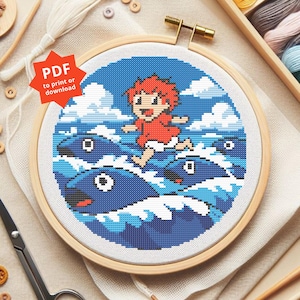 May include: A cross-stitch embroidery hoop featuring a cartoon character running on blue waves with a blue sky background. The character is wearing a red outfit. The text "PDF to print or download" is in the upper left corner.