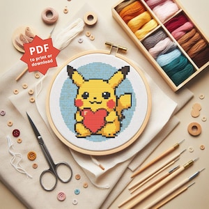 Pikachu Holding Heart Cross Stitch Pattern: Easy DIY Embroidery (PDF Download)