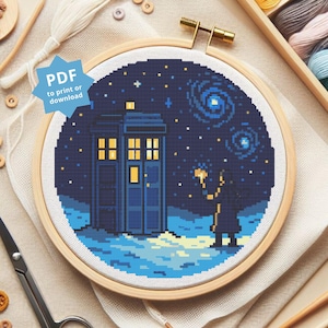 Tardis Starry Night Cross Stitch Pattern, DIY Embroidery (Digital Download)