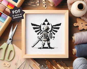 Wzór haftu krzyżykowego Zelda: Link w czerni i bieli (wzór PDF)