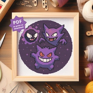 May include: Cross-stitch artwork featuring three purple cartoon characters with menacing expressions, set against a dark purple background. The artwork is framed in a light wood frame. The text "PDF to print or download" is in the upper left corner.
