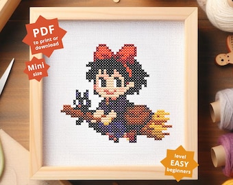 Mini Kiki's Delivery Service (Ghibli) cross stitch pattern, DIY Embroidery Pattern, Instant Download Cross Stitch, Point de Croix pattern