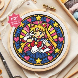 Sailor Moon Transformation Cross Stitch Pattern, Stained Glass Style Embroidery (PDF Download)
