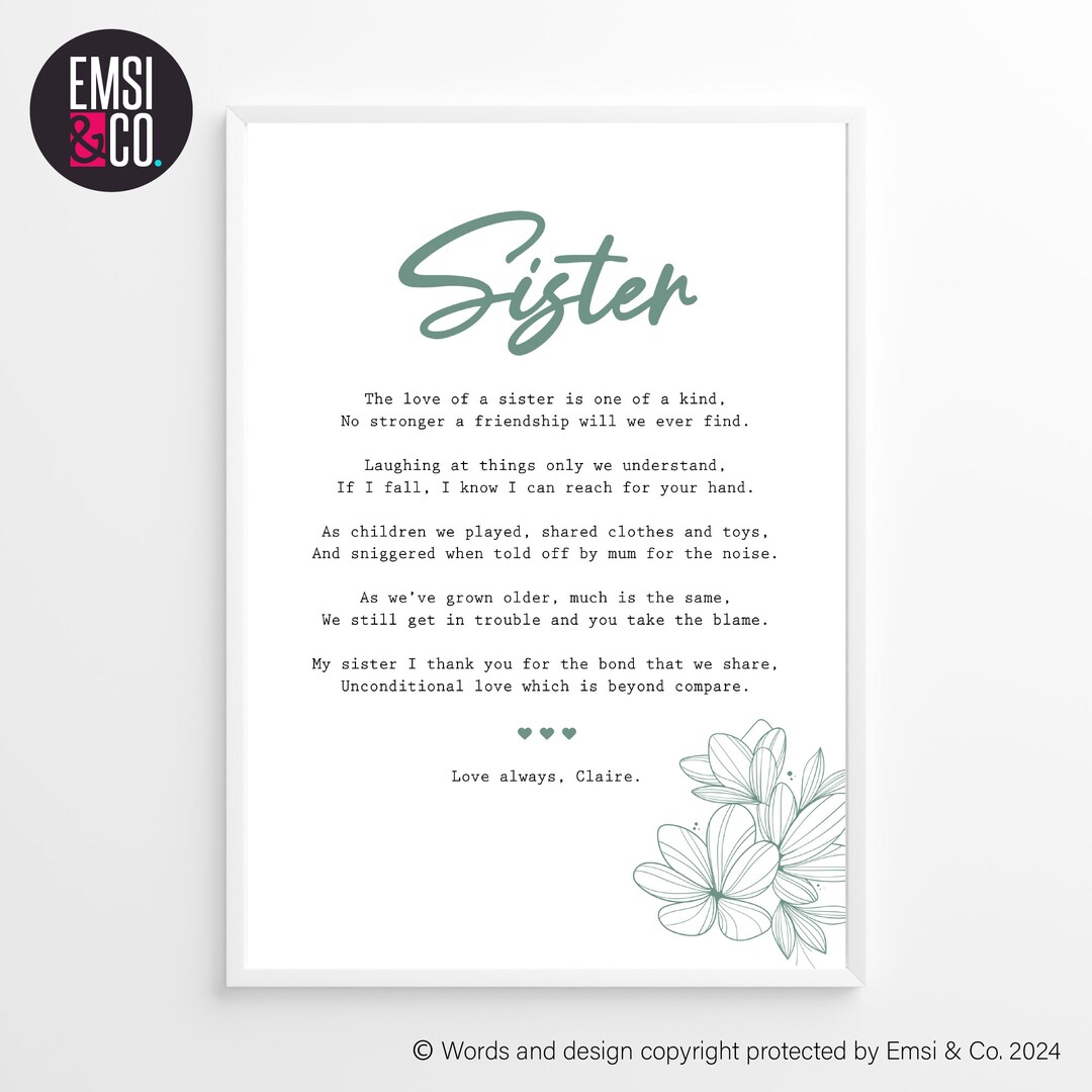 Personalised Sister Poem Print Design Gift Gift for Sister, Gift for Sister, Thank You Sister ...