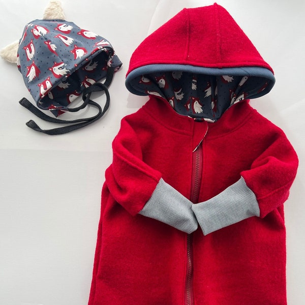 Wollwalk Jacke  |Mantel Mütze Set mit Ohren Schurwolle  für Baby|Kleinkind oversize Rot gefüttert