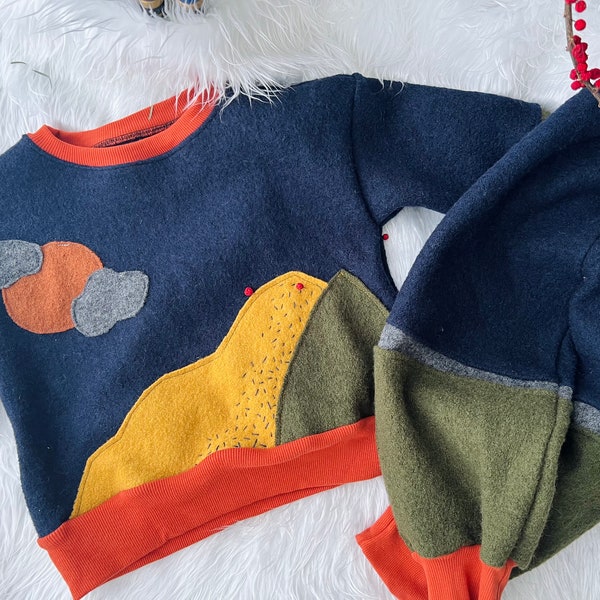 Wollwalk Kinder Set/Outfit  colourblock Sweater &Pumphose Wollhose  Handgefertigt Unicat Vintage Patchwork Schurwolle Applikation 104/110