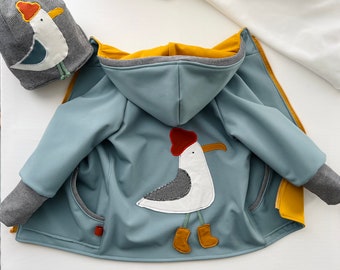 Chaqueta Softshell para exteriores para bebés y niños. Bonito motivo animal de una gaviota. Cortavientos, repelente al agua y ideal para la transición.