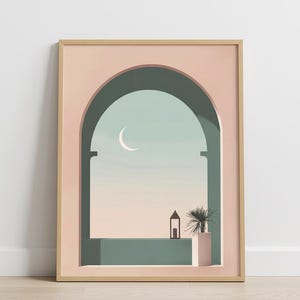 May include: A framed art print featuring an archway design. The artwork depicts a serene scene with a crescent moon in a pastel sky. A small building and potted plant are visible within the archway, creating a minimalist aesthetic.