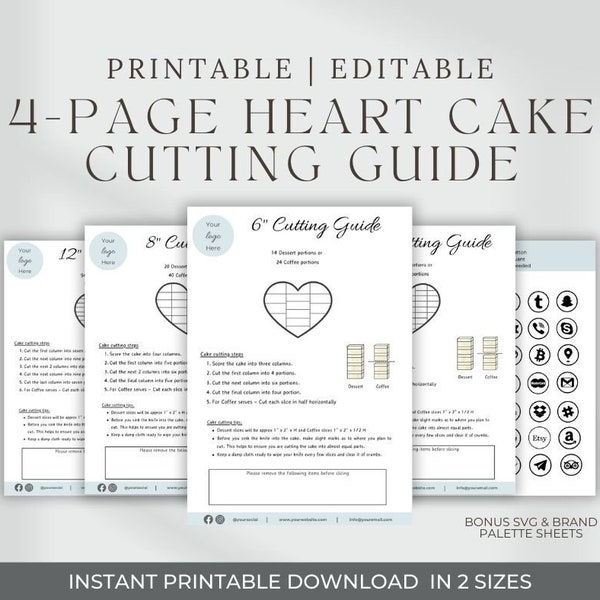 Heart cake Cutting Guides, Printable cake cutting template, Vintage heart cake, Canva editable Template, cake cutting instructions