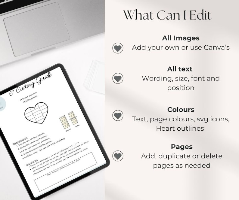May include: A digital guide for cutting a 6-inch heart-shaped cake into 14 dessert portions or 24 coffee portions. The guide includes instructions and a diagram showing how to cut the cake into equal slices.