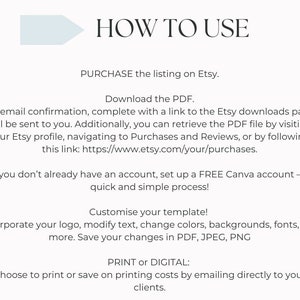 May include: A light blue arrow pointing to the right with the text "HOW TO USE" in black. The text below the arrow explains how to purchase and download a PDF template from Etsy, customize it using Canva, and print or share it digitally.