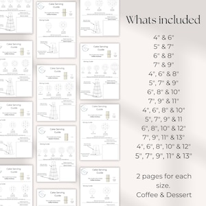 May include: A set of printable cake serving guides for different cake sizes. The guides include instructions for slicing cakes into 4, 6, 8, 10, 12, and 13 servings. The guides are designed for both coffee and dessert cakes.