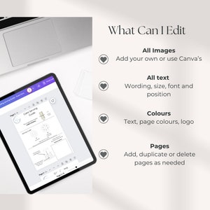 May include: A digital tablet displaying a page from a cake serving guide. The page includes a diagram of a cake with different serving options. The text on the page reads "Cake Serving Guide". The tablet is on a white surface with a laptop computer in the background. The text "What Can I Edit" is displayed on the right side of the image with a list of editable features: "All Images", "All Text", "Colors", and "Pages".