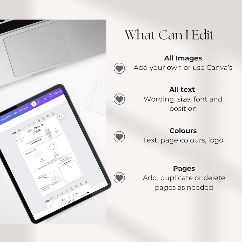 May include: A digital tablet displaying a page from a cake serving guide. The page includes a diagram of a cake with different serving options. The text on the page reads "Cake Serving Guide". The tablet is on a white surface with a laptop computer in the background. The text "What Can I Edit" is displayed on the right side of the image with a list of editable features: "All Images", "All Text", "Colors", and "Pages".