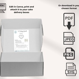 May include: A white cardboard box with a printable 6" cake cutting guide inside. The guide is for a heart-shaped cake and includes instructions for cutting the cake into 6 slices. The image also shows a download button with options to download the guide in PDF, JPEG, PNG, or SVG format.