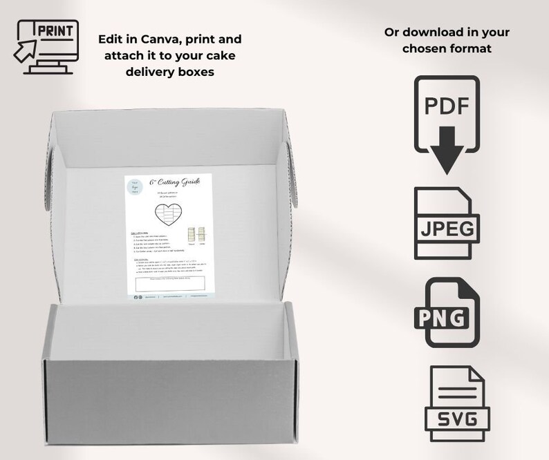 May include: A white cardboard box with a printable 6" cake cutting guide inside. The guide is for a heart-shaped cake and includes instructions for cutting the cake into 6 slices. The image also shows a download button with options to download the guide in PDF, JPEG, PNG, or SVG format.