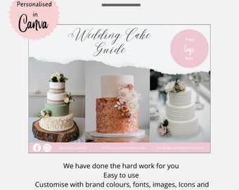 Pode incluir: Um guia para designs de bolos de casamento, com três designs de bolos diferentes. O guia é personalizável com cores da marca, fontes, imagens, ícones e texto personalizado. O guia é fácil de usar e pode ser salvo e enviado para clientes em potencial.