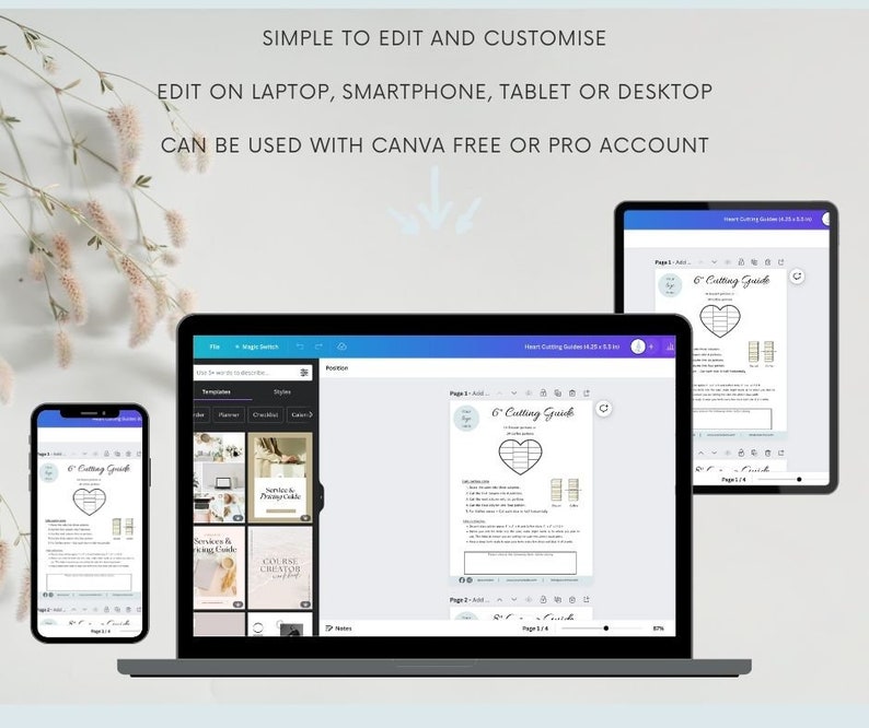 May include: A screenshot showing a Canva design template for a 6 Cutting Guide on a laptop, smartphone, and tablet. The template is a printable guide for cutting a heart shape into six equal pieces. The text on the template reads "6 Cutting Guide".