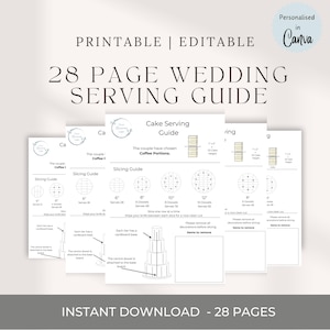 Puede incluir: Guía de servicio de pastel de boda imprimible de 28 páginas. La guía incluye diagramas para cortar pasteles de diferentes tamaños, con instrucciones para quitar las decoraciones antes de cortar. La guía también incluye un diagrama de un pastel de cuatro niveles con instrucciones para quitar las clavijas.