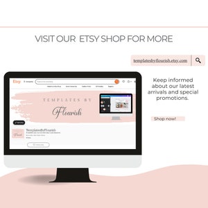 May include: A computer screen displaying the Etsy shop for TemplatesByFlourish. The shop logo features the text "TEMPLATES BY Flourish" in a pink and white color scheme. The text "templatesbyflourish.etsy.com" is displayed in the upper right corner of the screen.