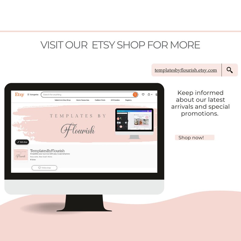 May include: A computer screen displaying the Etsy shop for TemplatesByFlourish. The shop logo features the text "TEMPLATES BY Flourish" in a pink and white color scheme. The text "templatesbyflourish.etsy.com" is displayed in the upper right corner of the screen.