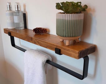 Rustic Slim Solid Wood Shelf with Black Steel Towel Rail and Brackets | Handcrafted | 10cm Depth x 3.2cm Thickness |