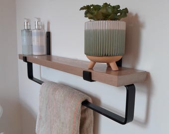 Solid Oak Shelf with Black Steel Towel Rail: Handcrafted Bathroom Storage