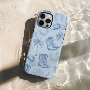 Coque de portable robuste cowgirl côtière bleue, motif coquillage botte de cowboy western plage, cadeau coque de portable fille de la campagne
