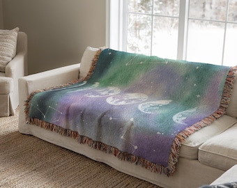 Celestial Woven Blanket, Moon Phases Tapestry Wall Hanging, Astrology Throw Blanket, Dreamy Home Decor, Housewarming Gift