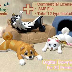 May include: A collection of 3D-printed dog figurines in various poses, including a Shiba Inu and a white dog with a leash. The image also includes text that says "Digital Download For 3D Printing" and "Commercial License."