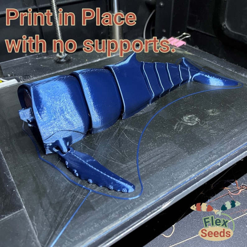 Puede incluir: Un modelo de ballena impreso en 3D de color azul, impreso en su lugar sin soportes. El modelo se imprime en una cama de impresora 3D. El texto "Print in Place with no supports." es visible en la imagen.