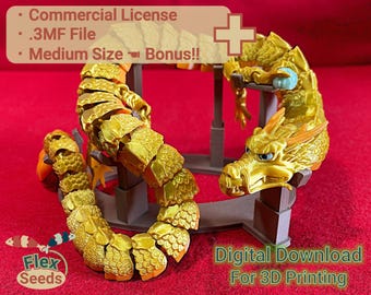 May include: A gold-colored 3D printed dragon model with a segmented body, posed on a wooden stand. The dragon has a detailed head with a fierce expression and a long, curled tail. The image includes the text "Commercial License", ".3MF File", "Medium Size Bonus!!", "Flex Seeds", "Digital Download", and "For 3D Printing".