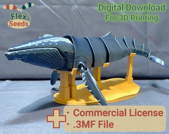 Flexi Humpback Whale Mark-2, STL File for 3dPrinting, 3D Printed Toy, Print In Place