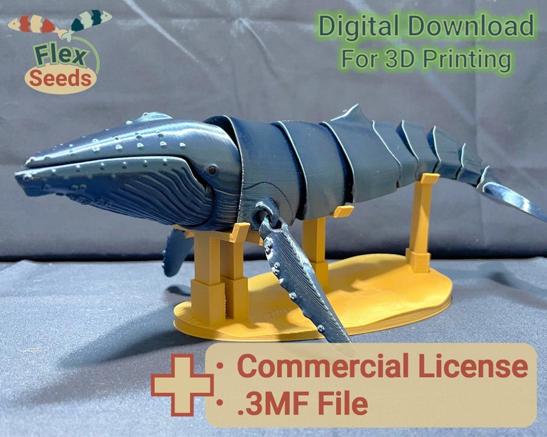 Puede incluir: Un modelo de ballena azul impreso en 3D sobre un soporte amarillo. El modelo est&aacute; segmentado y articulado. La imagen incluye el texto "Descarga digital para impresi&oacute;n 3D" y "Licencia comercial .3MF File".