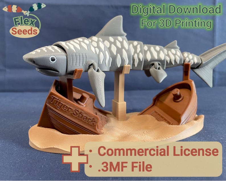 May include: A 3D printed model of a tiger shark, posed on a wooden base with a shipwreck. The model is gray with white spots and is ready for 3D printing. The model is available for commercial use and comes in a .3MF file format.