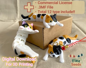 May include: Three 3D printed calico cat figurines in different poses. The cats are white, black, and orange. The figurines are for 3D printing and come with a commercial license. The text "Digital Download for 3D Printing" and "Total 12 type include!!" is visible in the image.