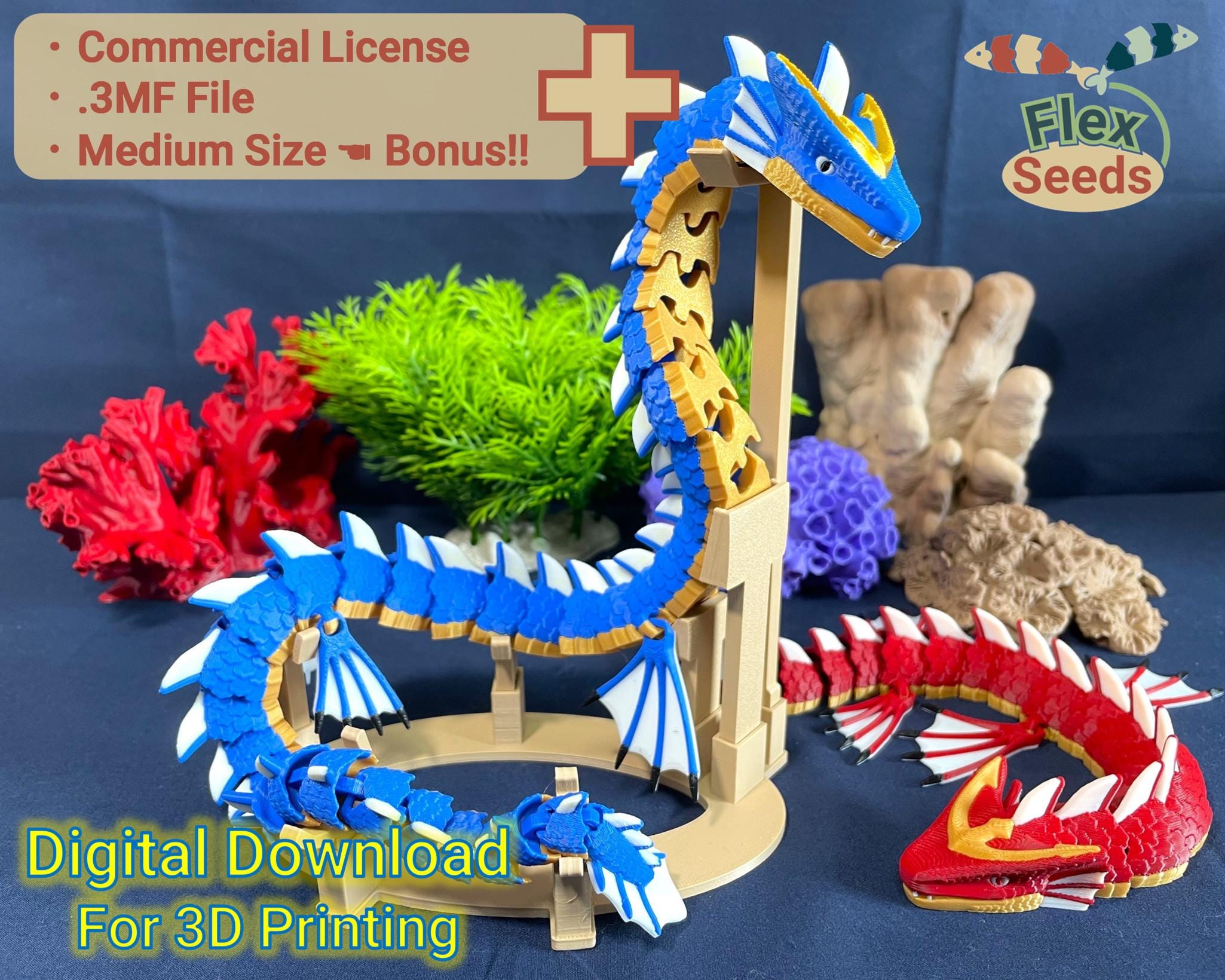 Articulated Water Dragon Combo Set STL, Flexi Fantasy Dragon 3D