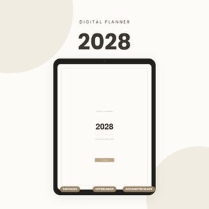 Könnte beinhalten: Ein digitaler Planer für das Jahr 2028 auf einem Tablet-Bildschirm. Die Benutzeroberfläche zeigt den Text Digital Planner 2028, 366 pages, hyperlinked und Goodnotes ready. Das Design verwendet ein klares Layout mit dunklem Text auf weißem Grund.
