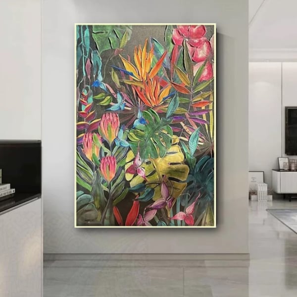 Grandes plantes tropicales, peinture d'art mural, peinture tropicale originale sur toile, art mural texturé pour salon