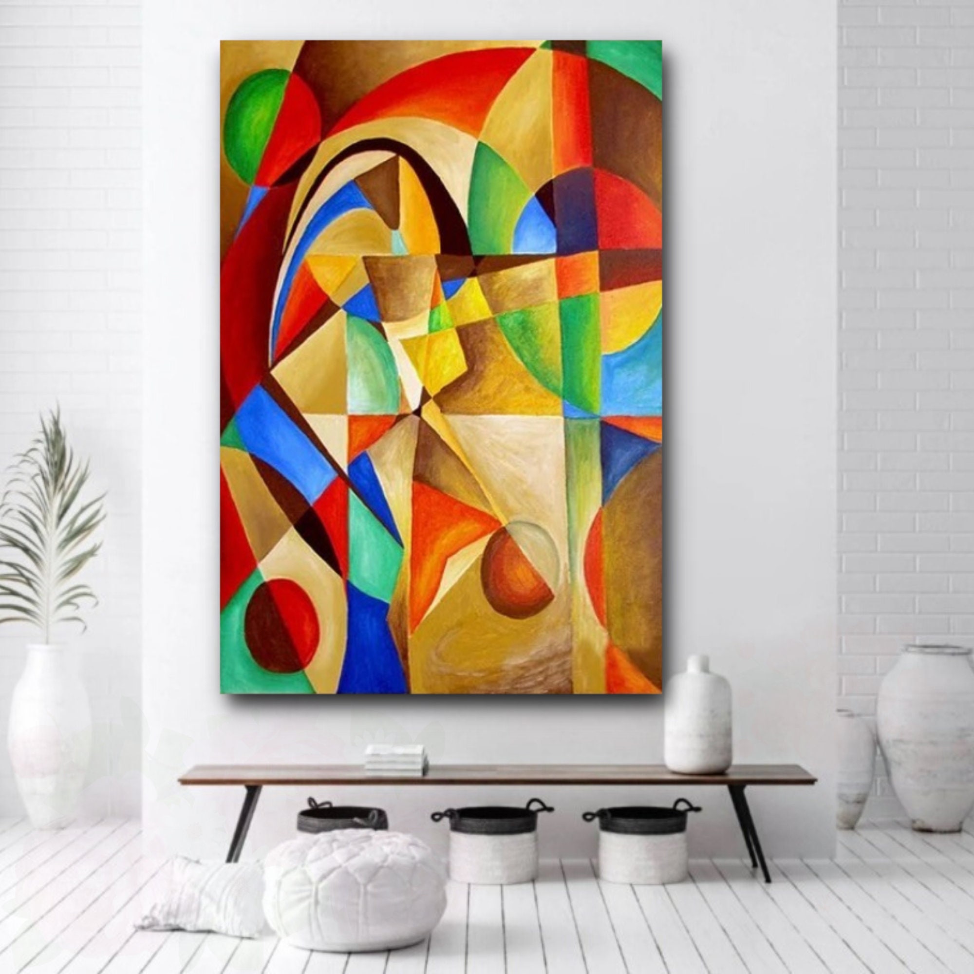 Colorful Geometric Shapes Oil Painting on Canvas, Large Modern Abstract ...