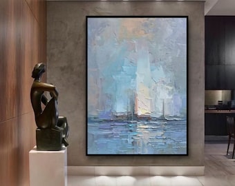 Large Wall Art Abstract Painting, Blue Boat Painting on Canvas, Contemporary Painting Abstract, Textured Wall Art