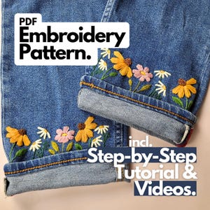以下が含まれることがあります： デニムのジーンズに花の刺繍を施したPDF刺繍パターン。パターンには、ステップバイステップのチュートリアルとビデオが含まれています。