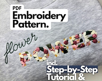 Modèle de broderie PDF et tutoriel « FlowerPower » incluant des instructions étape par étape (en anglais et en allemand) et des tutoriels vidéo.